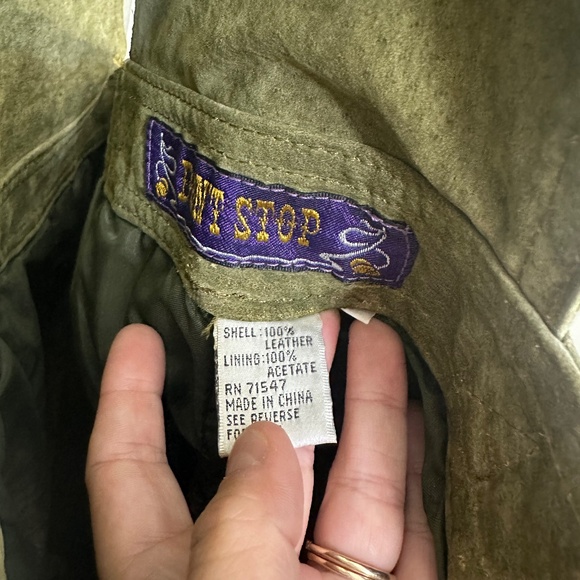 Vintage Don't Stop Genuine Suede Leather Olive Green Khaki Short Overalls Sz XS - Picture 9 of 9